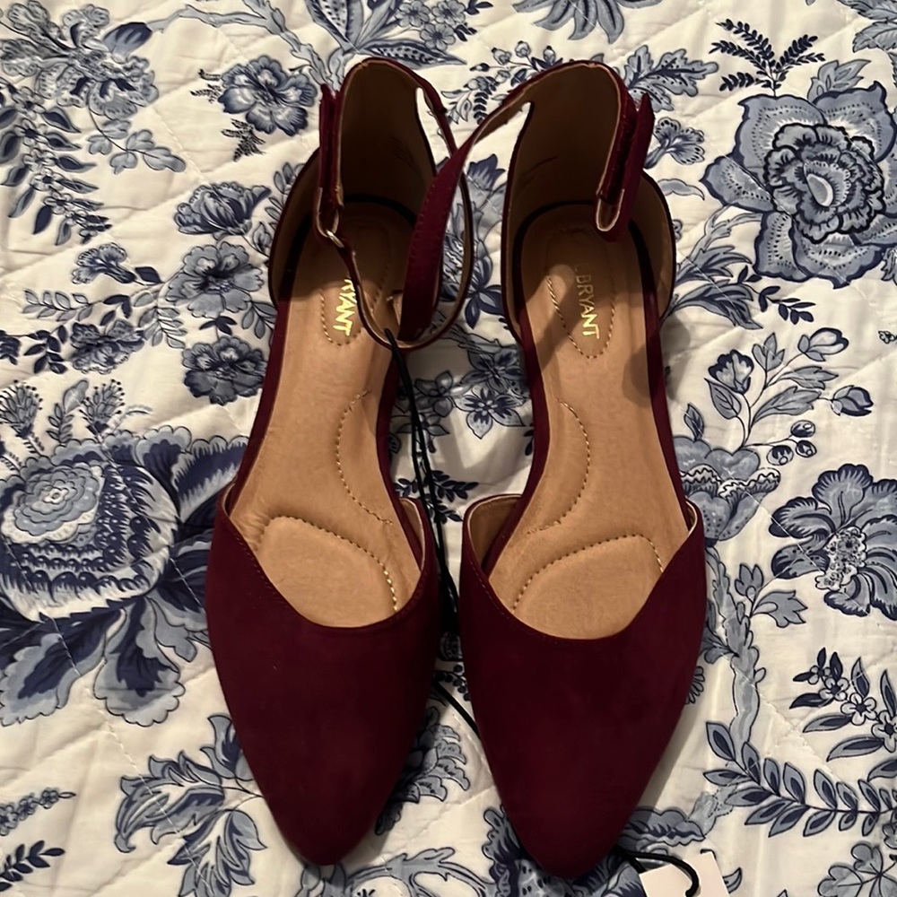Burgundy ankle strap flats (size 10W) NEVER worn